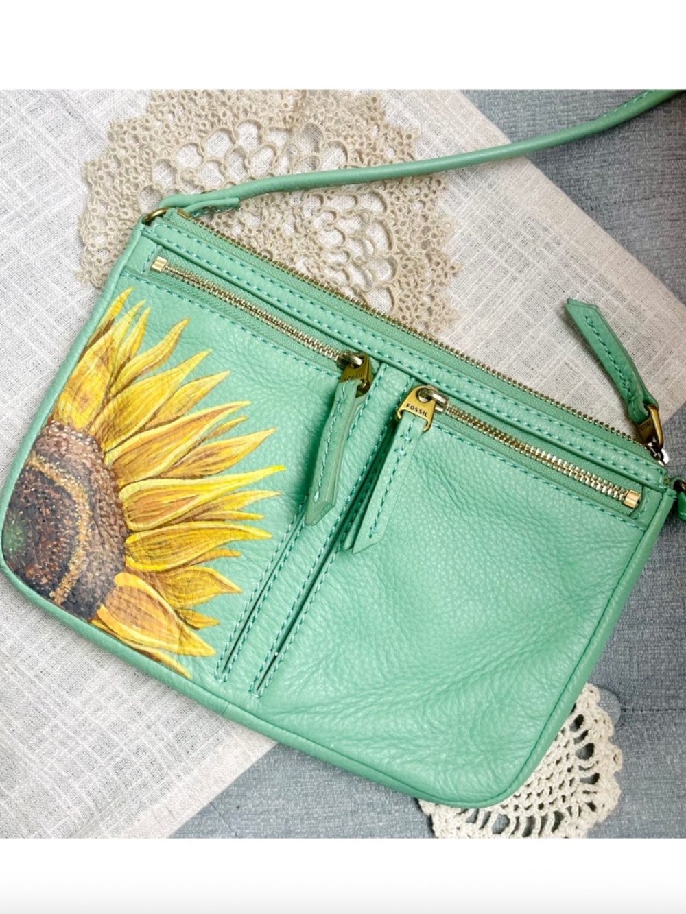 Fossil Mint Green Leather Crossbody Hand Painted Sunflower Artist Signed Floral